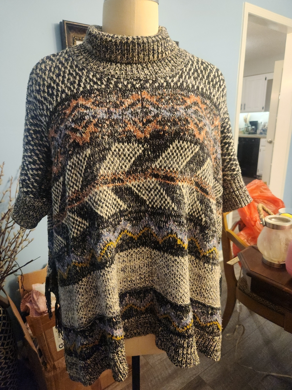 Women's Patterned Knit Sweater Poncho - Gray with Multicolor Accents